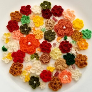 60 gemischte Häkelblumen in verschiedenen Herbstfarben, Puppengröße bis große Blumen, 3/8 bis 1-1 / 2-Zoll-Größe, schneller Versand