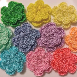 10 Crocheted Flowers, Double Layer Flowers, 10 colors, one flower in each color, approximately 1 inch, Beautiful Flowers, Ready to Ship!