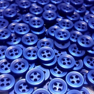 50 Indigo Blue Buttons, size 10mm, 16L, round, flat back, 4 holes, matching bulk button pack, Made in Oklahoma, USA