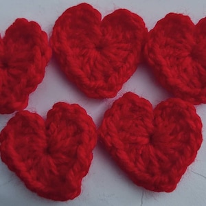 Crocheted Red Hearts, about 1 inch size, handmade Valentine heart appliques, love patches, Fast Shipping from OK, USA!
