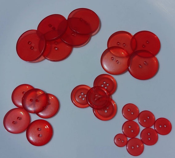 25 Transparent Red Buttons, sizes 1/2 up to 1-1/8, many styles, bulk  button pack