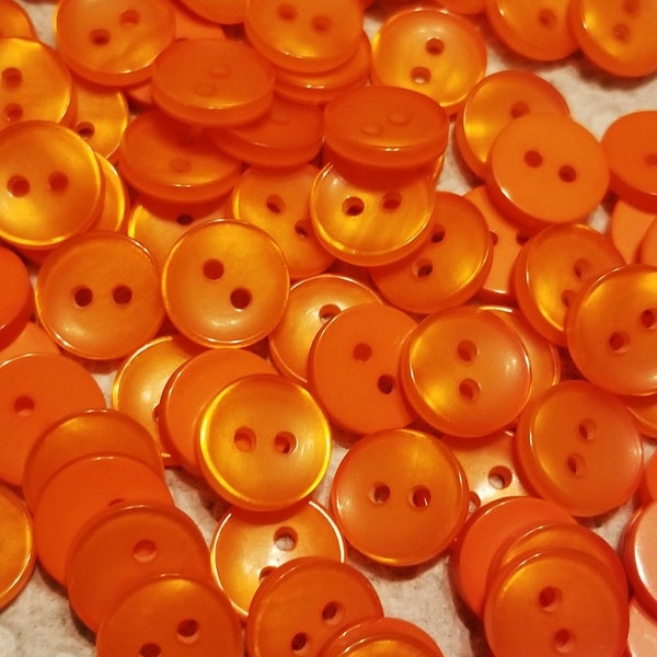 25 or 50 Iridescent Orange Buttons, size 10mm, 16L, round, flat back, 2 holes, matching bulk button pack