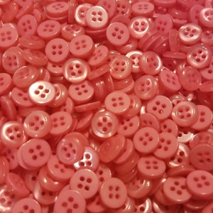 50 Hot Coral Pink Shirt Buttons, size 10mm, 16L, round, flat back, 4 holes, matching bulk button pack