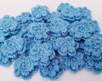 10 Blue 2-layer Crochet Flowers, Double Layer Flowers, approximately 1 inch size, Beautiful Flower Appliques, Fast Shipping