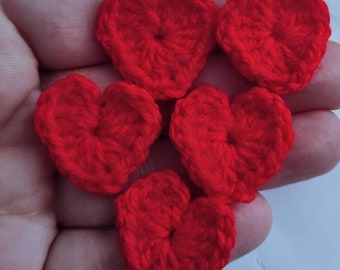 5 Crocheted Red Hearts, about 1 inch size, handmade Valentine heart appliques, love patches, Fast Shipping from OK, USA!