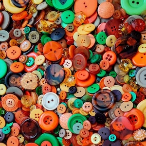 May include: A large collection of colorful buttons in various shapes and sizes. The buttons are made of different materials, including plastic, metal, and wood. Some buttons have a shiny finish, while others have a matte finish.