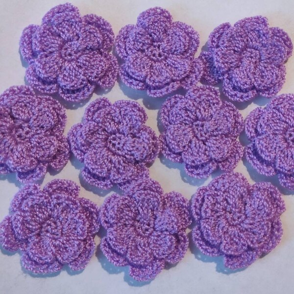 10 Purple Crocheted Flowers, Double Layer Flowers, about 1 inch size, Beautiful Flower Appliques, Fast Shipping