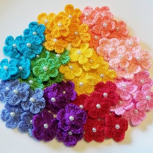 50 Colorful Bold Rainbow Mini Crochet Flowers with Pearls, Multi color flowers, about 7/8 to 1 inch size flowers, crocheted by hand