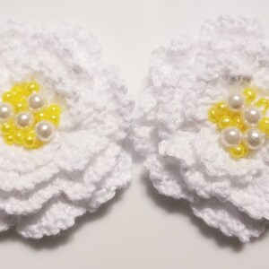 White Crocheted Flowers with Yellow and White Pearl beads, Hand Crocheted, Large size, about 2 inches, Flowers with 4 layers, Fast Shipping