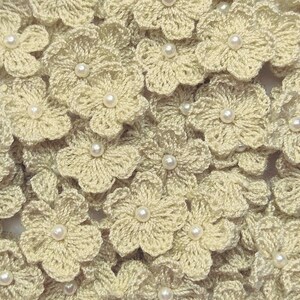 20 Khaki Taupe Mini Crochet Flowers with Small Pearl beads, 3/4 inch to 7/8 inch, bulk appliques, small flowers, So romantic! Ready to Ship!
