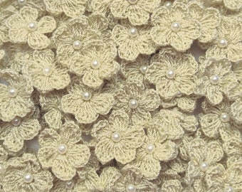 20 Khaki Taupe Mini Crochet Flowers with Small Pearl beads, 3/4 inch to 7/8 inch, bulk appliques, small flowers, So romantic! Ready to Ship!