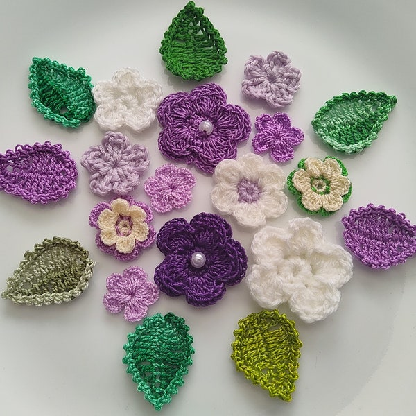 20 Crocheted Floral Pieces, Flowers and Leaves in Purple, White, Ivory and Green, 3/4 to 1-1/2 inch size pieces, Ready to Ship