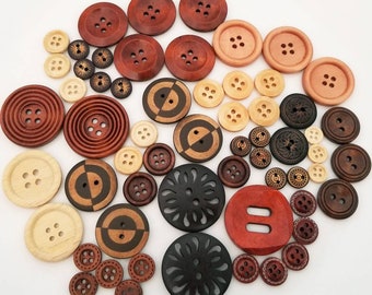 60 Wood Buttons, sizes 8mm to 30mm, Beautiful Assorted Styles, 2 and 4 holes, several sets of buttons, lovely gift