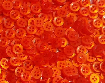 100 Pumpkin Orange Buttons, size 10mm, 16L, Vivid Orange color, round, flat back, 4 holes, matching bulk button pack