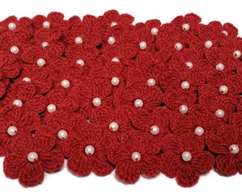 Vintage Red, Mini Fabric Flowers, White Rhinestone, Red  display picture 3