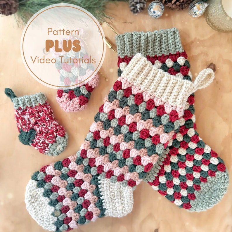 Granny Ruth Stocking Pattern Video Tutorial 2 SIZES, Crochet Stocking Pattern image 1