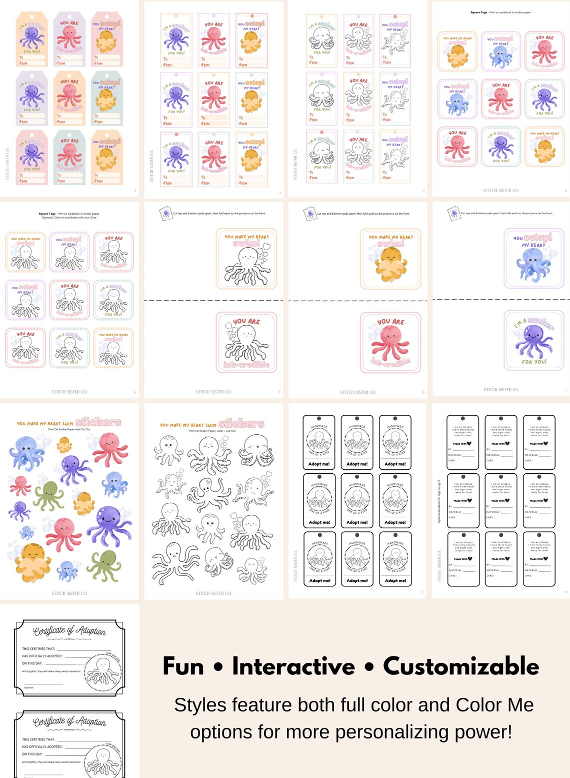 Octopus Printable Pack | 13 Page | Octopus Themed Tags, Valentine Cards ...