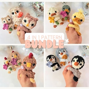 May include: A selection of four crochet animal patterns: owls, ducks, chickens, and penguins. The image shows the finished items, each with distinct colours and features. The text "4 IN 1 PATTERN BUNDLE" is also visible.