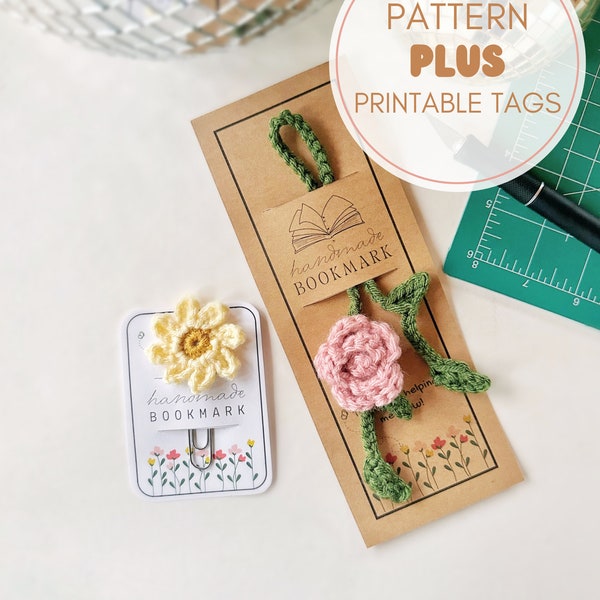 Blossom Bookmark BUNDLE - Pattern + Tags, Crochet Flower Bookmark and Printable Tags