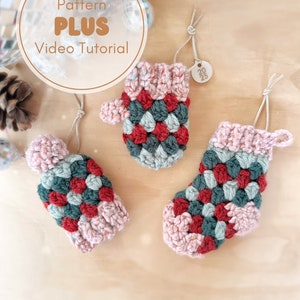 Granny Ornaments Pattern + Video Tutorials | Mitten + Beanie + Stocking Crochet Pattern