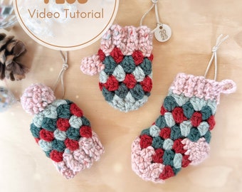 Granny Ornaments Pattern + Video Tutorials | Mitten + Beanie + Stocking Crochet Pattern