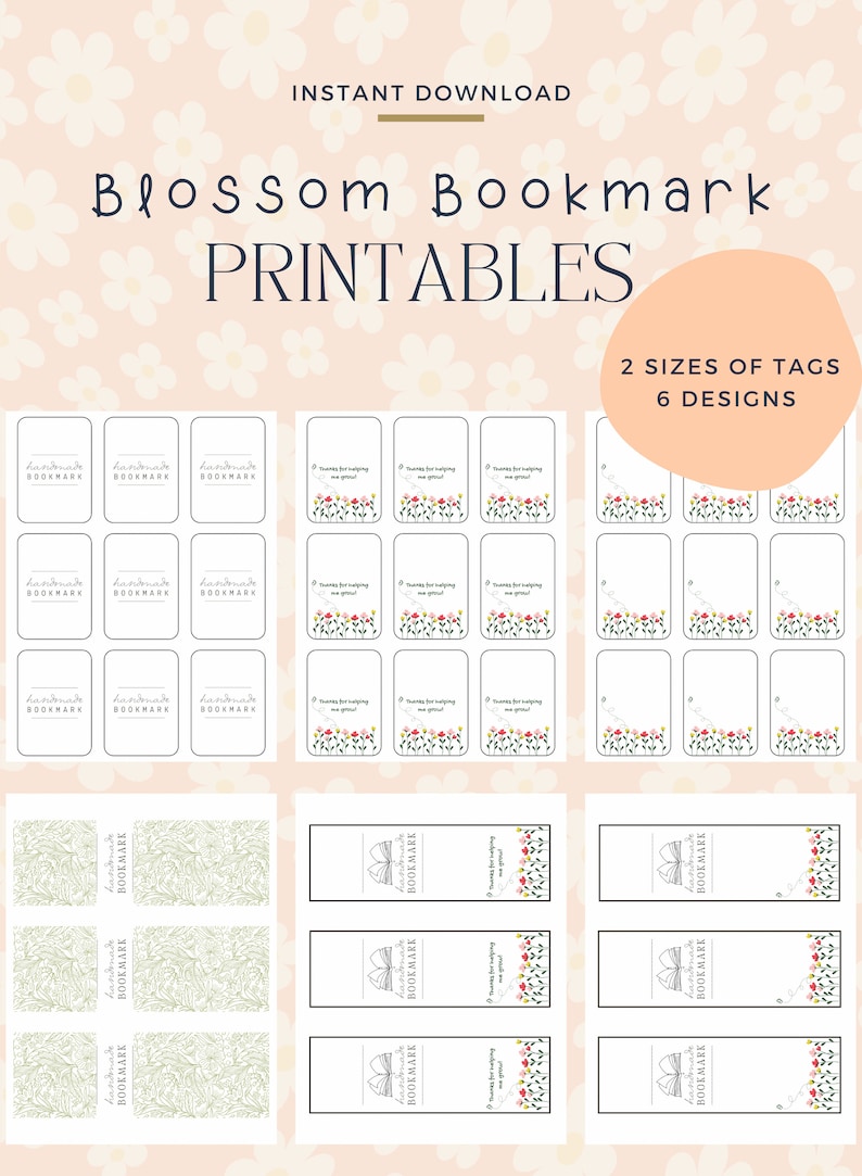 May include: Printable bookmark designs featuring a floral theme with the text "Thanks for helping me grow!" and a book with a ribbon bookmark. The designs are available in two sizes and six different styles.