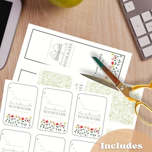 May include: Printable bookmark designs featuring a floral pattern with pink, yellow, and red flowers. The text "handmade bookmark" is repeated on each design. The image includes a text overlay that says "Includes 6 pages of bookmark printables in 2 sizes".