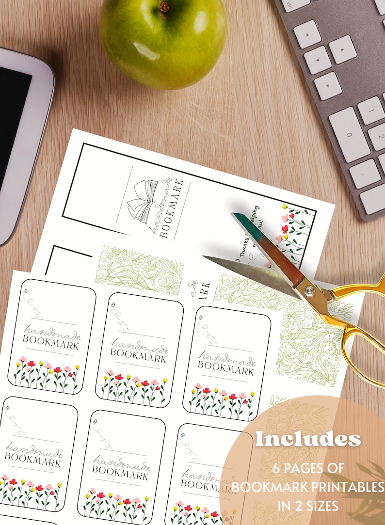 May include: Printable bookmark designs featuring a floral pattern with pink, yellow, and red flowers. The text "handmade bookmark" is repeated on each design. The image includes a text overlay that says "Includes 6 pages of bookmark printables in 2 sizes".