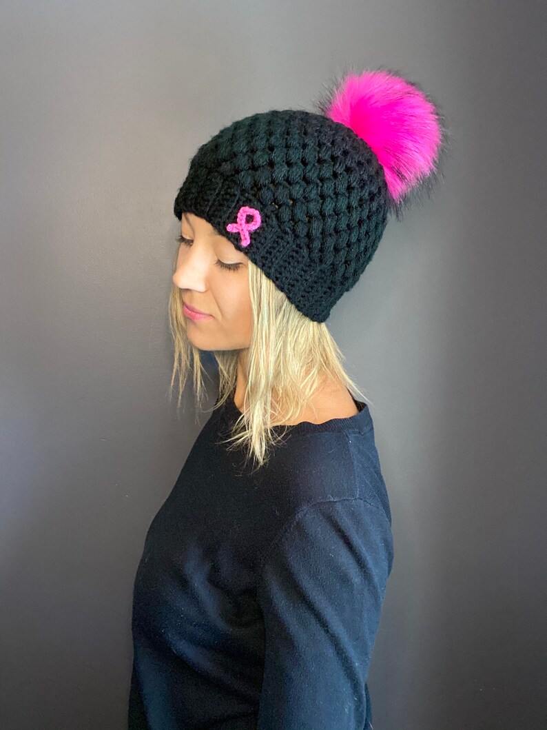 Breast Cancer Beanie Fur Pom Beanie Etsy