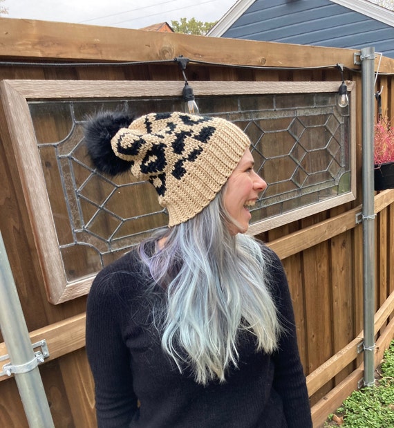 Leopard Print Crochet Toboggan Beanie 
