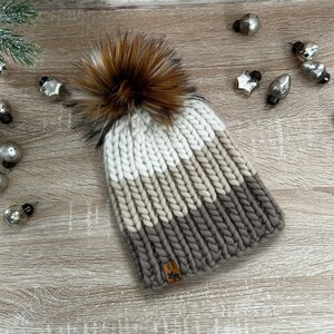 Pompom Hat, Winter, Knit, Toque for Adult, Handmade, Birthday Gift, For Her, Friend, Sister, Daughter, Mom, Faux Fur, Natural Wool