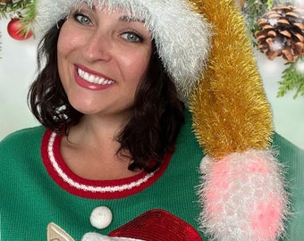 Gorro de Papá Noel de punto grueso: gorro festivo extragrande con cola larga