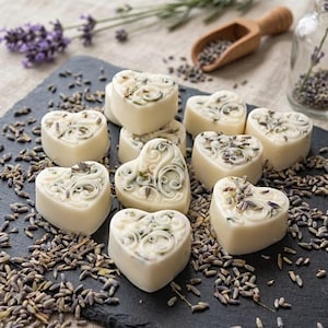May include: Heart-shaped soaps with lavender accents are arranged on a dark slate surface, surrounded by dried lavender buds. A small wooden scoop and a glass jar filled with lavender are also present, suggesting a spa or aromatherapy theme.