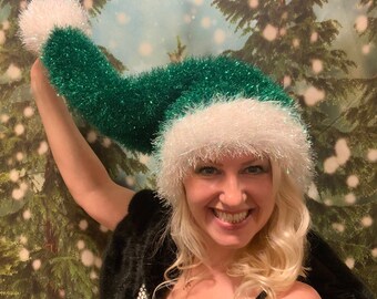 Gorro de Papá Noel de lúrex tejido a mano con pompón, talla para adulto