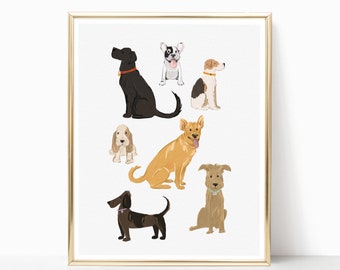 DOGS Illustration, Wall Art Poster, Hanging Wall Print, dog collection, doodle painting, digital artwork, PRINTABLE, Puppy Party dog artwork