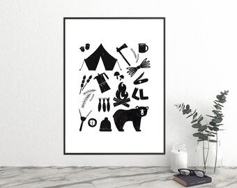 Modern PRINTABLE Wall Art, Black Illustrated Kitchen Tools Print Sign, ILLUSTRATION food Print Art, Abstract Wall Art, Digital Download