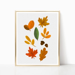 AUTUMN Fall Leaves Print, digital PAINTING, Illustration, poster, Wall decor, watercolor gauche, ART Print, Wall Art Decor, acorn, printable