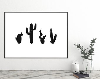 Puede incluir: Ilustración en blanco y negro de cinco siluetas de cactus diferentes sobre un fondo blanco.