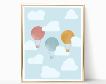 Nursery room wall decor, digital PRINTABLE, hot air balloon, Cloud, Balloon, Wall Hanging, Child Wall Art, Kid Art, Illustration, modern