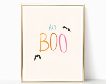 Colorful HEY BOO, HALLOWEEN Illustration, bat print, Wall decor, Bright, Print, Wall Art, ghost, digital, fall, printable, Quote art, bats