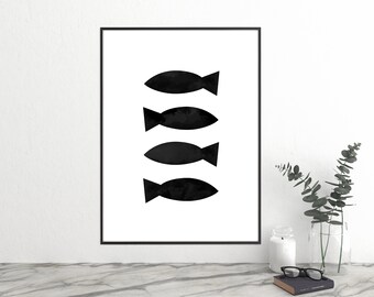 Modern PRINTABLE Wall Art, Black PAINT Print Sign, FISH texture Art, Swimming Fish Pattern Modern Abstract Wall Art, Digital Download