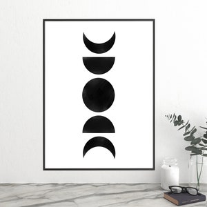 Modern PRINTABLE Wall Art, Black Illustrated MOON Print Sign, Lunar Print Art, Modern Abstract Wall Art, Digital Download