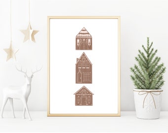 GINGERBREAD house PRINTABLE, Winter Wall Art, Christmas, HOLIDAY Print, Modern Home Decor, Digital Download, house illustration, pencil art