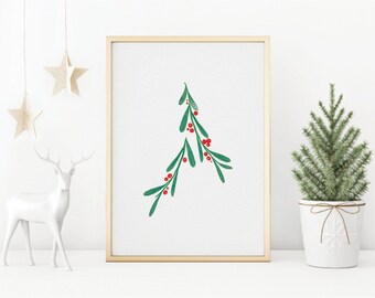 Maretak Illustratie PRINTABLE, Winter Wall Art, Kerstmis, VAKANTIE Print, Modern Home Decor, Digitale Download, plant, bessen, groen