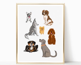 DOGS Illustration, Wall Art Poster, Hanging Wall Art, Dog bundle, dog collection, painting, digital artwork, PRINTABLE, puppy party, kid art