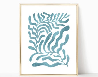 Abstract Light Blue MATISSE, poster, Wall decor, Plant, Line Illustration ART Print, Wall Decor, digital, printable, leaf, BLUE