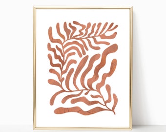 Abstract Terracotta MATISSE, poster, Wall decor, Plant, Line Illustration ART Print, Wall Decor, digital, printable, leaf, Orange, Pink