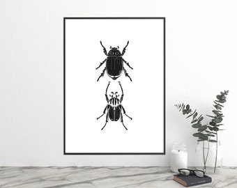 Modern PRINTABLE Wall Art, Black Insect Illustration, BEETLE Bug, Insect Spring Summer Wall Art sign, Digital Download