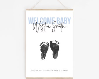 Personalized baby name, newborn footprint, baby printable, welcome baby art, footprint nursery print, new baby gift, custom baby decor print