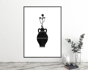 Modern PRINTABLE Wall Art, Black Illustrated Vase Print Sign, Flower Leaves Print Art, Modern Abstract Wall Art, Digital Download